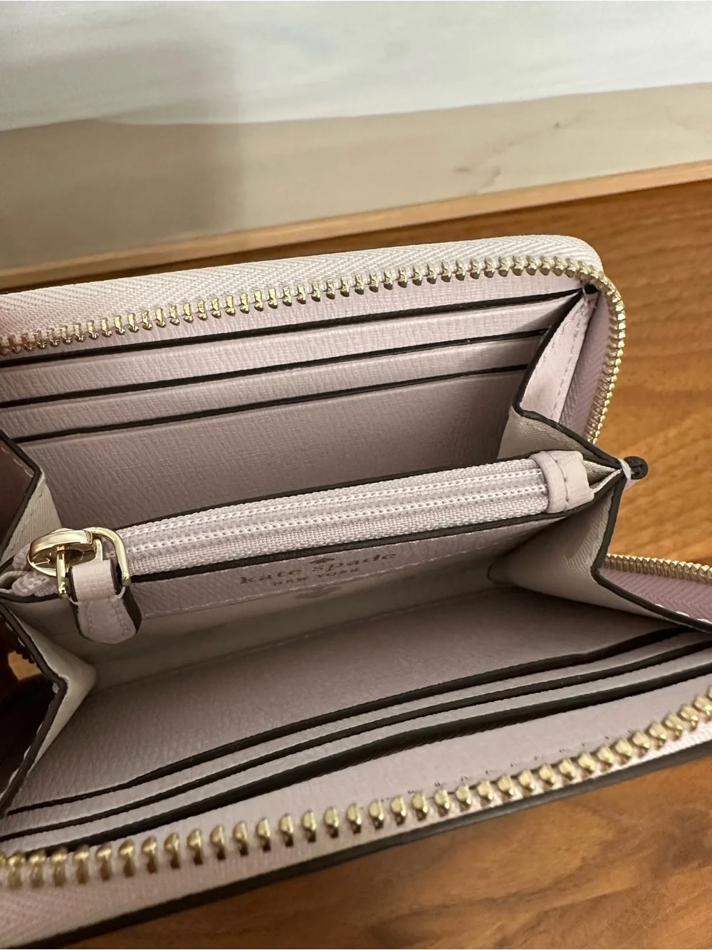 Kate Spade Lilac Pebble Zip Card Wallet with Gold Logo